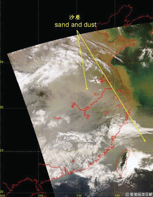 2010年3月21日地球觀測衛星真彩圖像顯示，當時沙塵向東南擴展至華中及華東地區。(香港天文台資料圖片) 