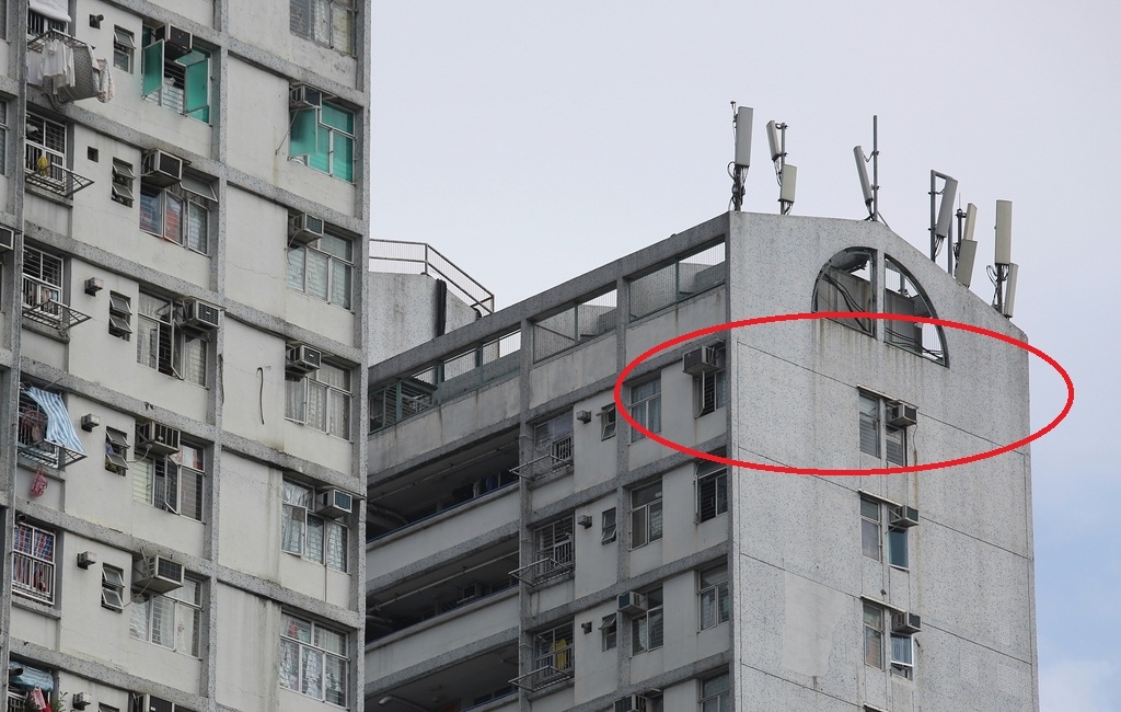 廖家住在平易樓頂層單位，貼其屋頂有12支手機發射站。(陳靜儀攝)