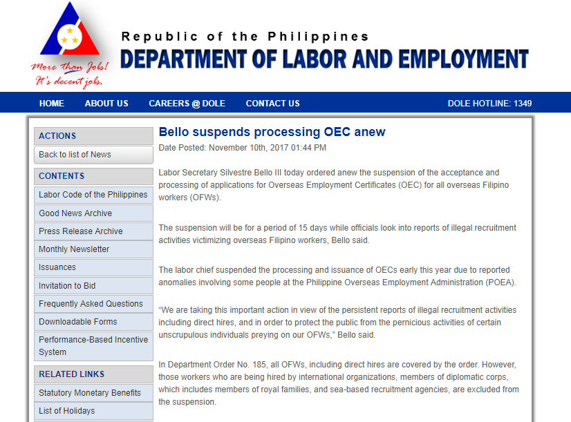 菲律賓勞工與就業部今日下午1時44分發出公告，宣布暫停審批及處理海外就業證明的新申請。（圖片來源：DOLE）